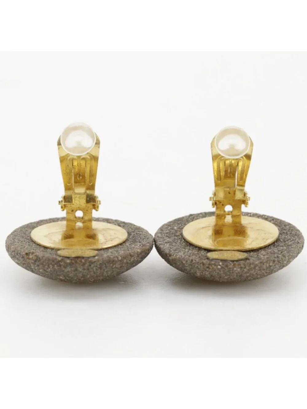 Chanel CC Logo Stone Motif Vintage Gold Plated Gray Earrings